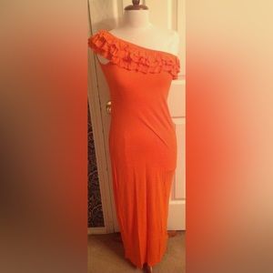 Pink Rose Orange long dress one shoulder size large